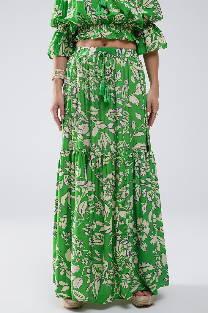 Tiered Maxi Skirt In Green Floral Print