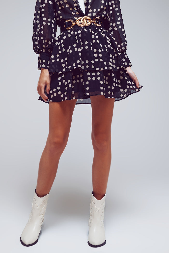 Tiered Mini Skirt in Black and Cream Polka Dots