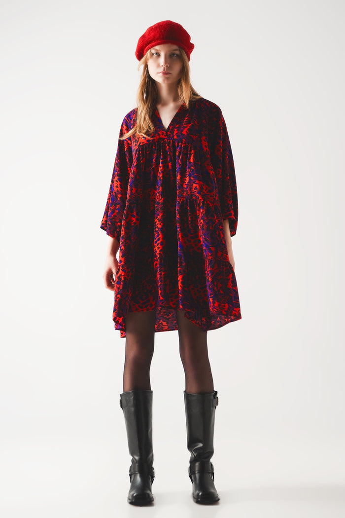 Tiered mini smock dress in animal print in red - dress