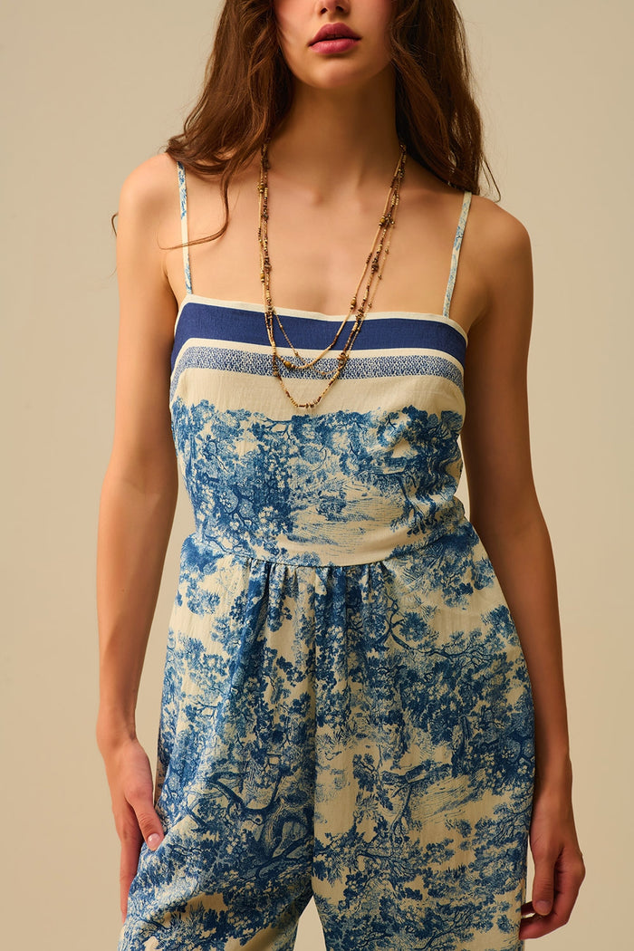 Toile de Jouy Print Jumpsuit with Thin Straps