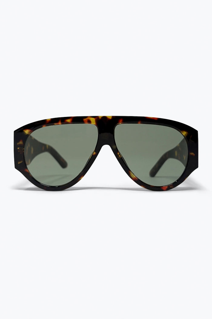 Tortoise Oversized Shield Sunglasses with Green Lens