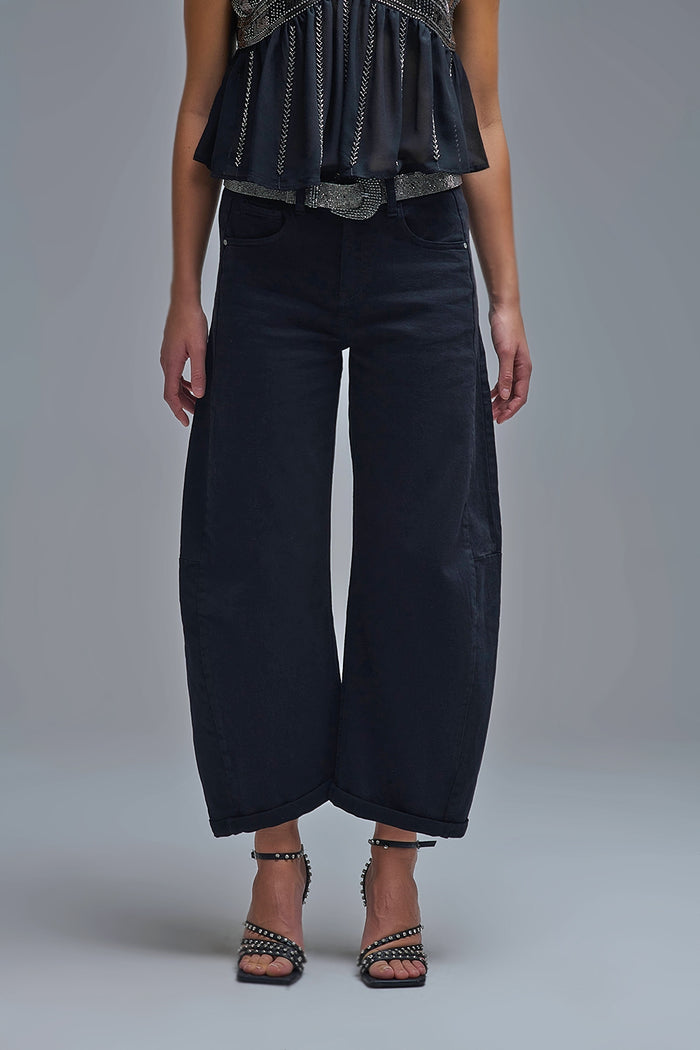 Trendy Black Barrel Balloon Jeans with Pockets