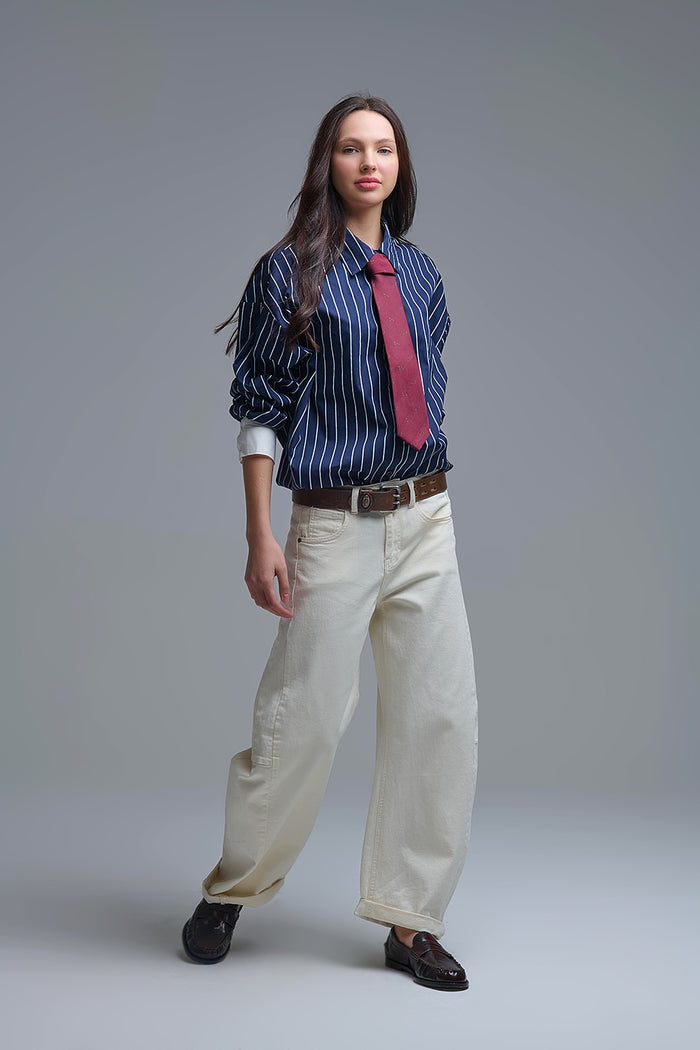 Trendy Cream Barrel Balloon Jeans with Pockets