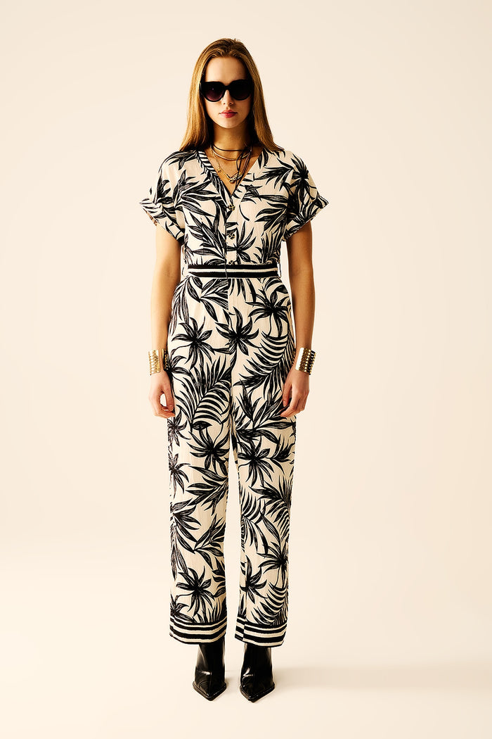 Tropical Motif Short Sleeve Jumpsuit in black and white