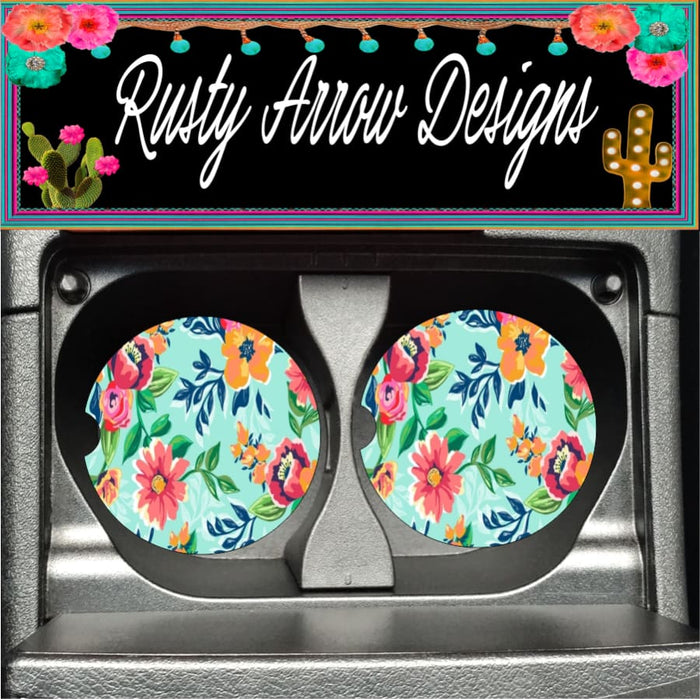 Turquoise and Orange Boho Floral Set of 2 Car Coasters - Car Coasters