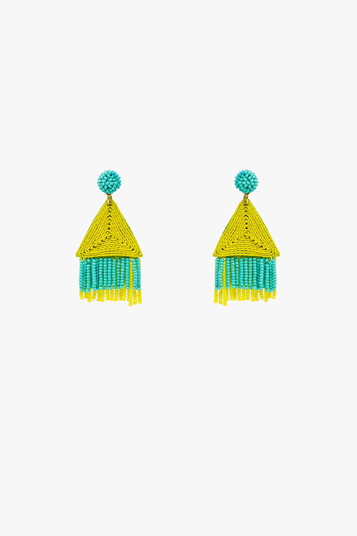 Turquoise Drop Earings With Lime Pyramid and Fringe