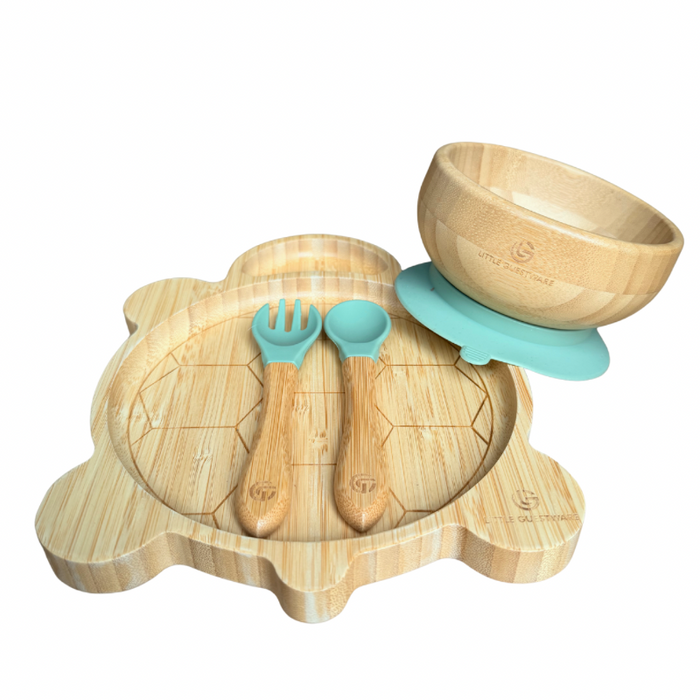 Turtle Bamboo Feeding Set - Plate, Bowl, Spoon & Fork Gift Set - Feeding Essentials