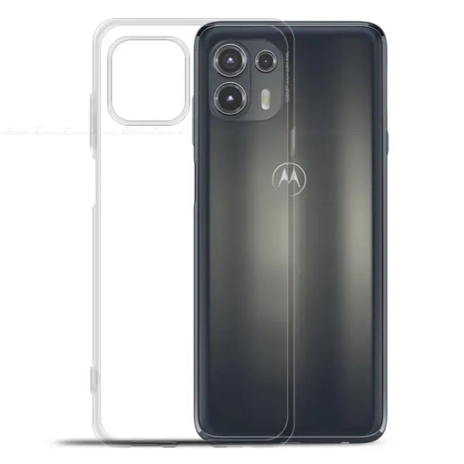Motorola smartphone with a clear protective case.