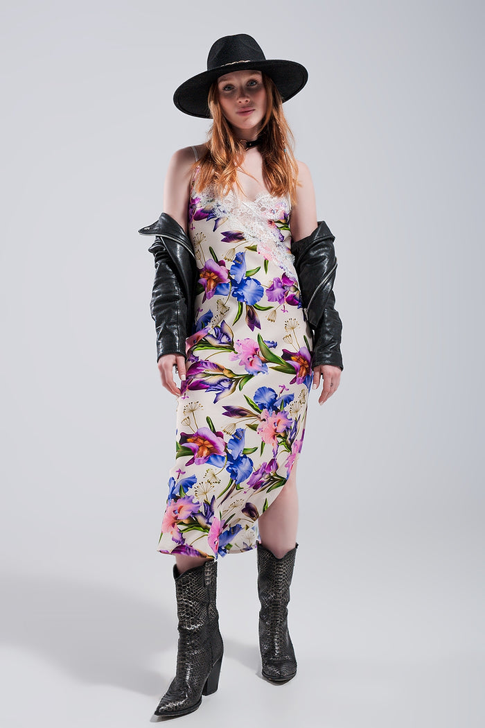 V back Satin midi dress in beige clashing floral print - dress