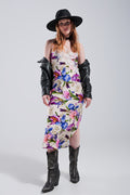 V back Satin midi dress in beige clashing floral print - dress