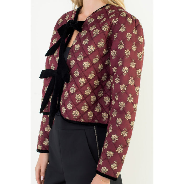 Velvet Bow Floral Quilted Jacket - Maroon