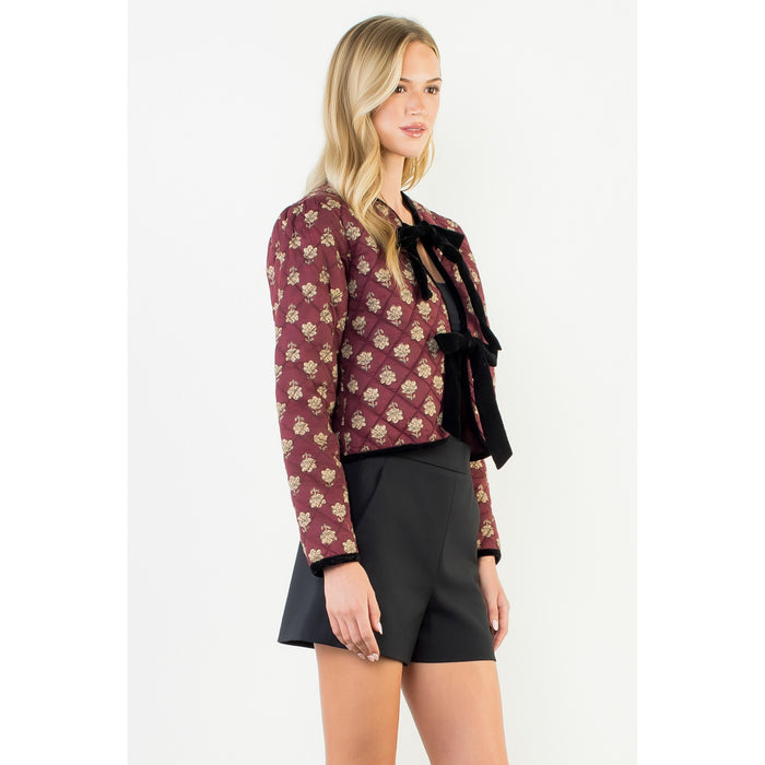 Velvet Bow Floral Quilted Jacket - Maroon