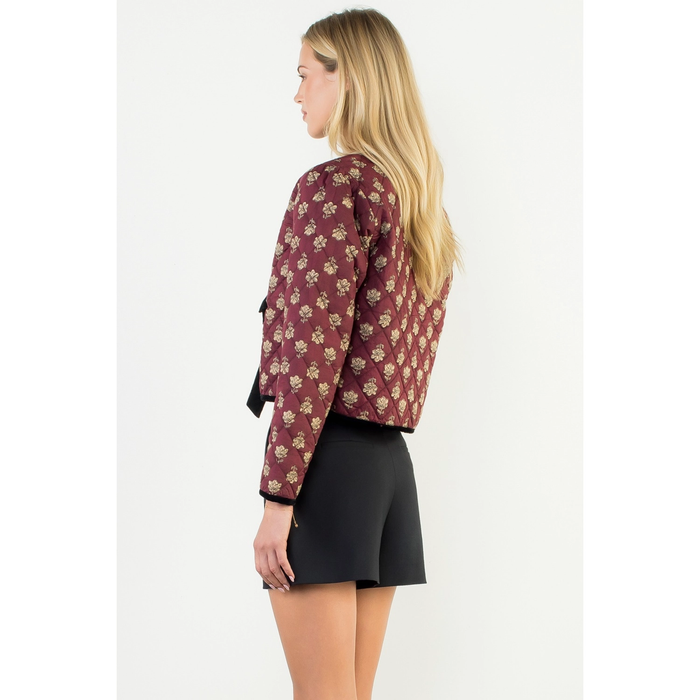 Velvet Bow Floral Quilted Jacket - Maroon
