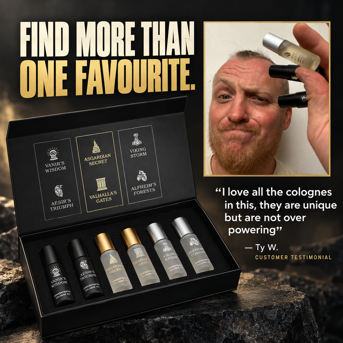Viking Cologne Oil Sample Kit open box with six roll-on bottles and a customer photo of Ty W. holding two rollers, headline Find More Than One Favourite