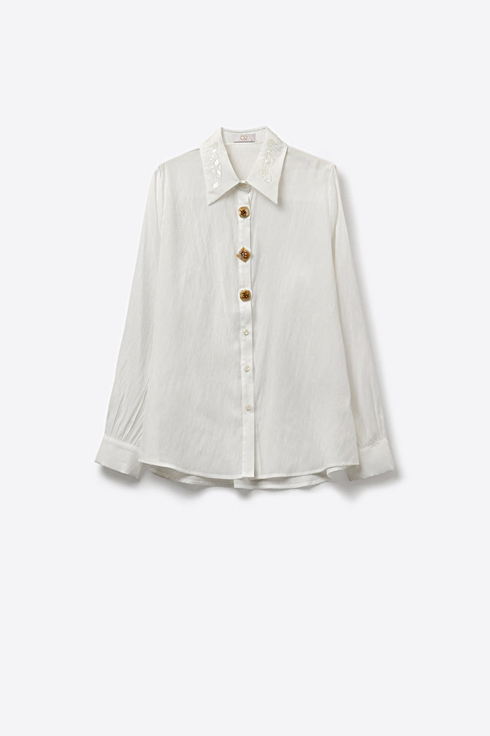 White Button-Front Shirt with Embroidered sequin Collar - Shirts