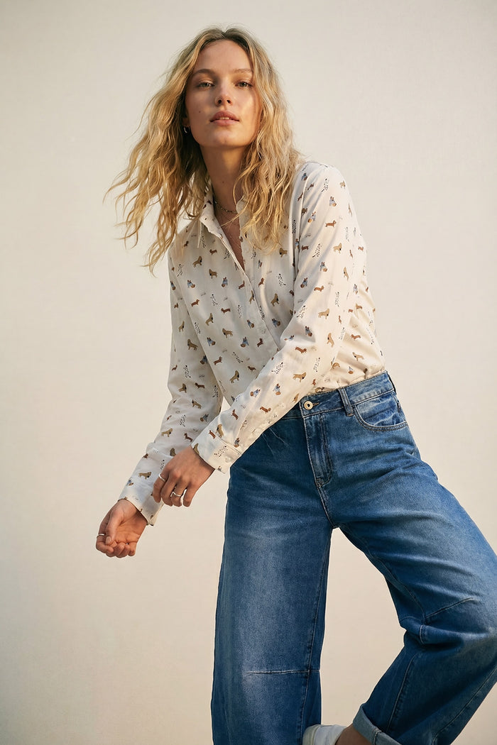 White Button-Up Shirt with Dog Print Pattern - Shirts