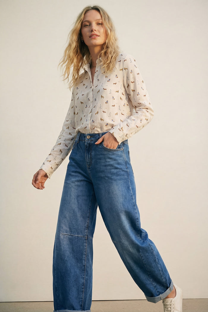 White Button-Up Shirt with Dog Print Pattern - Shirts