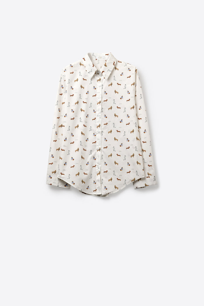White Button-Up Shirt with Dog Print Pattern - Shirts