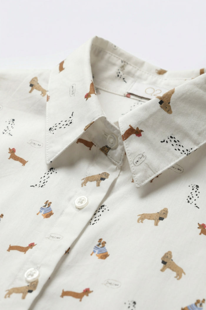 White Button-Up Shirt with Dog Print Pattern - Shirts