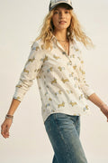 White Button-Up Shirt with Playful Dog Print - Shirts