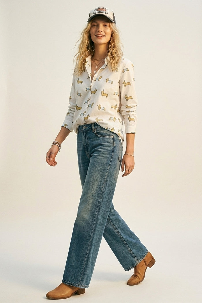 White Button-Up Shirt with Playful Dog Print - Shirts