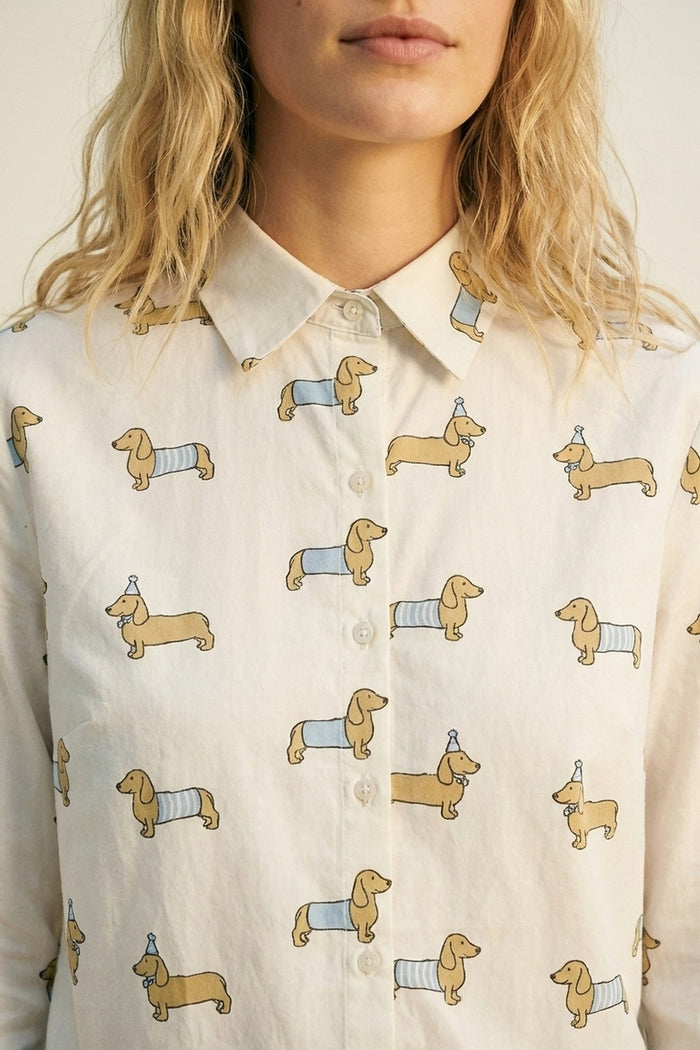 White Button-Up Shirt with Playful Dog Print - Shirts