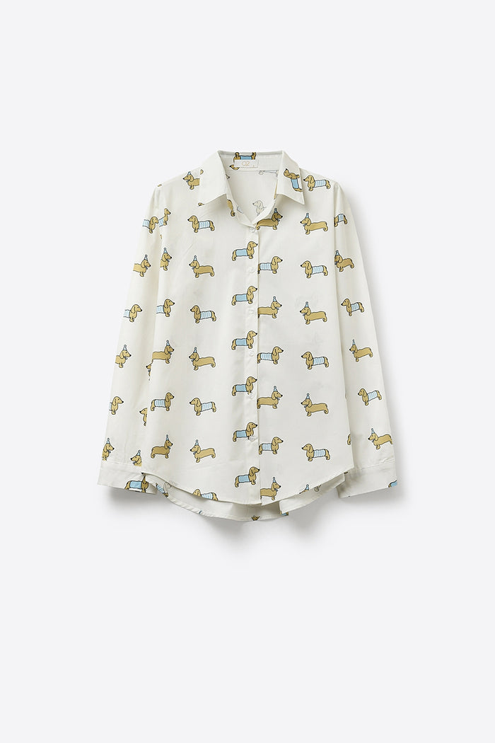 White Button-Up Shirt with Playful Dog Print - Shirts