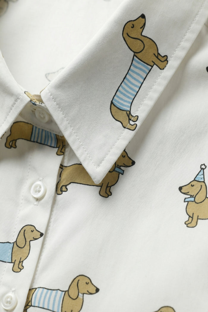 White Button-Up Shirt with Playful Dog Print - Shirts