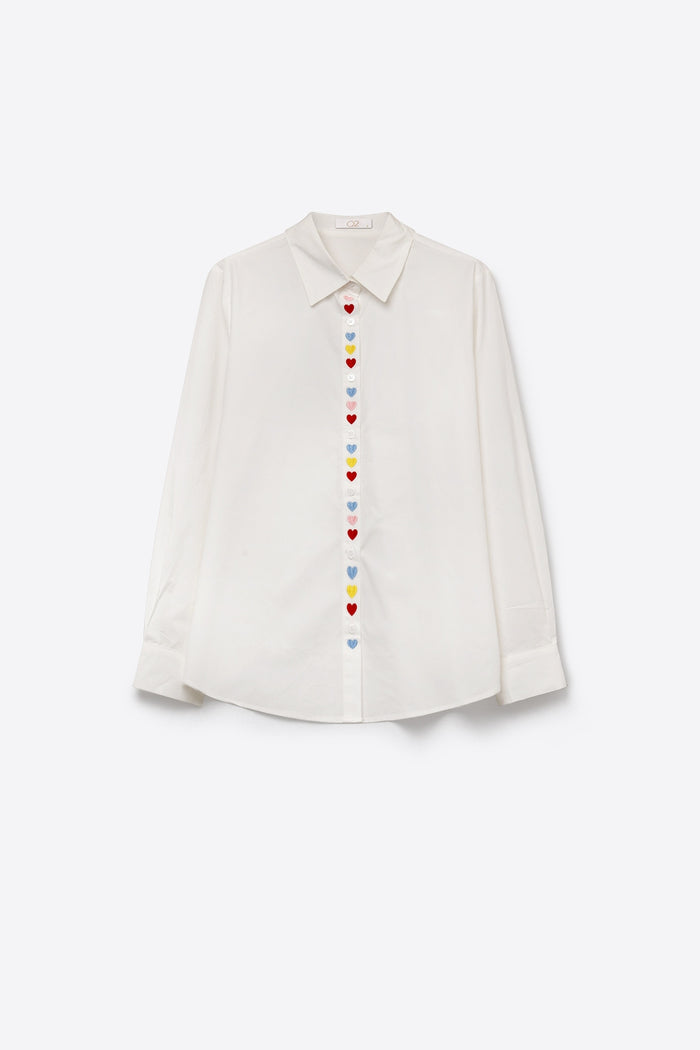White Heart Embroidered Button Front Shirt - Shirts
