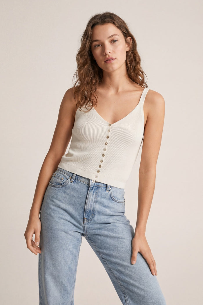 White Knit Buttoned Crop Top