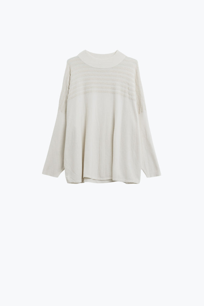 White Knit Sweater with Fluffy Stripe Detail