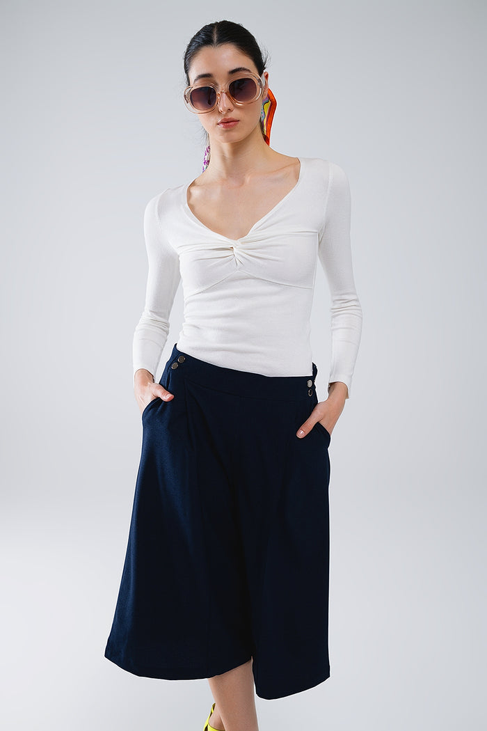 White Long Sleeve Shirt With Knot Detail and V-neck