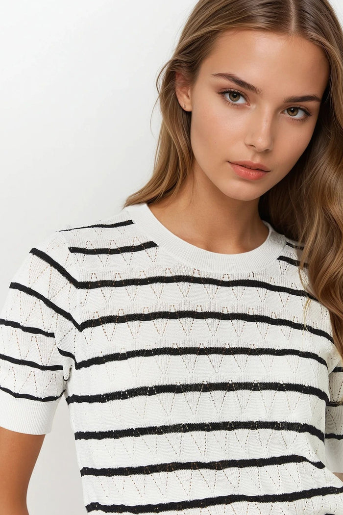 White Openwork Knit Top with Short Sleeves and Black Stripes