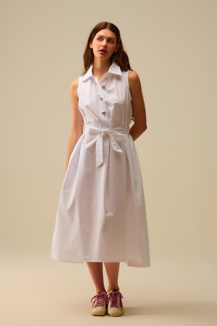 White poplin midi dress with silver heart-shaped buttons - dress