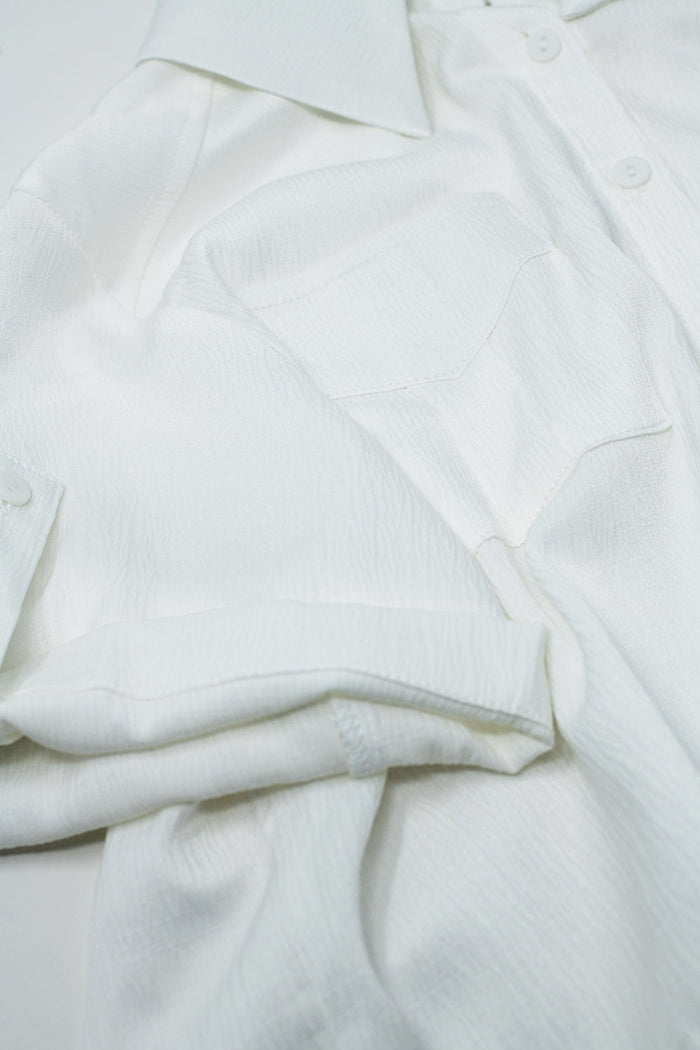White Short satin Blouse With Chest Pockets And Drawstrings At Bottom - Shirts