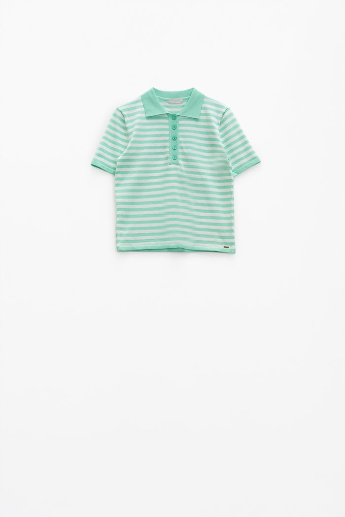 White short sleeves polo shirt with light blue stripes and frontal buttons details