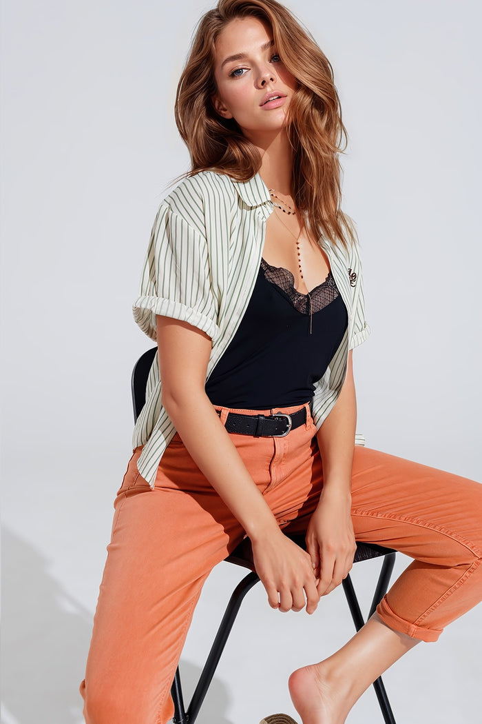 White Striped Blouse With Love Logo On Chest - Shirts