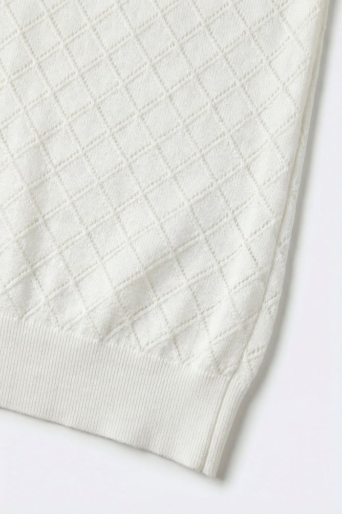 White Textured Knit Sweater with Diamond Pattern