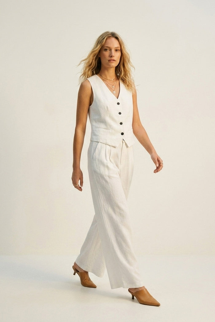 White Textured Vest with black Button-Front