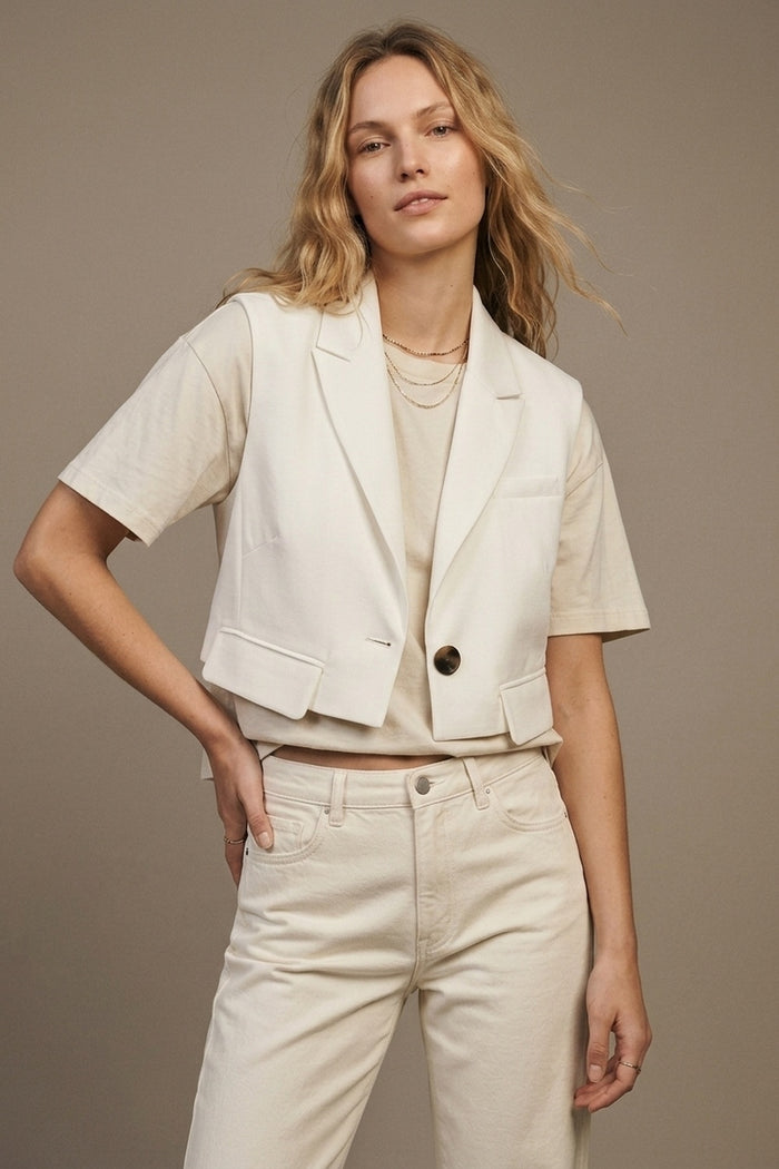 White Woven Tailored Shawl Lapel Single Button Cropped Vest
