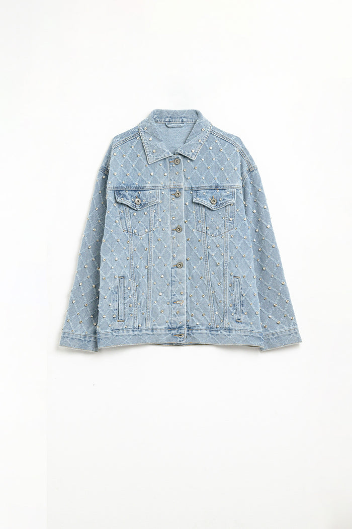 Wide denim jacket with rhinestones in a diamond pattern