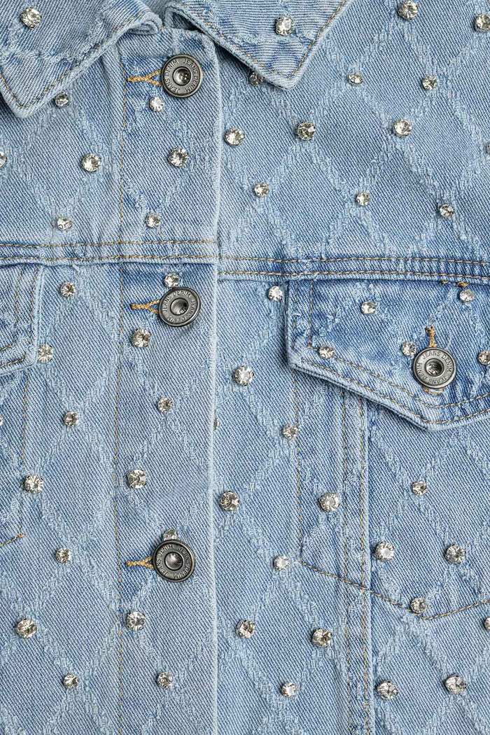 Wide denim jacket with rhinestones in a diamond pattern