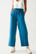 wide leg drawstring pants in blue - trousers