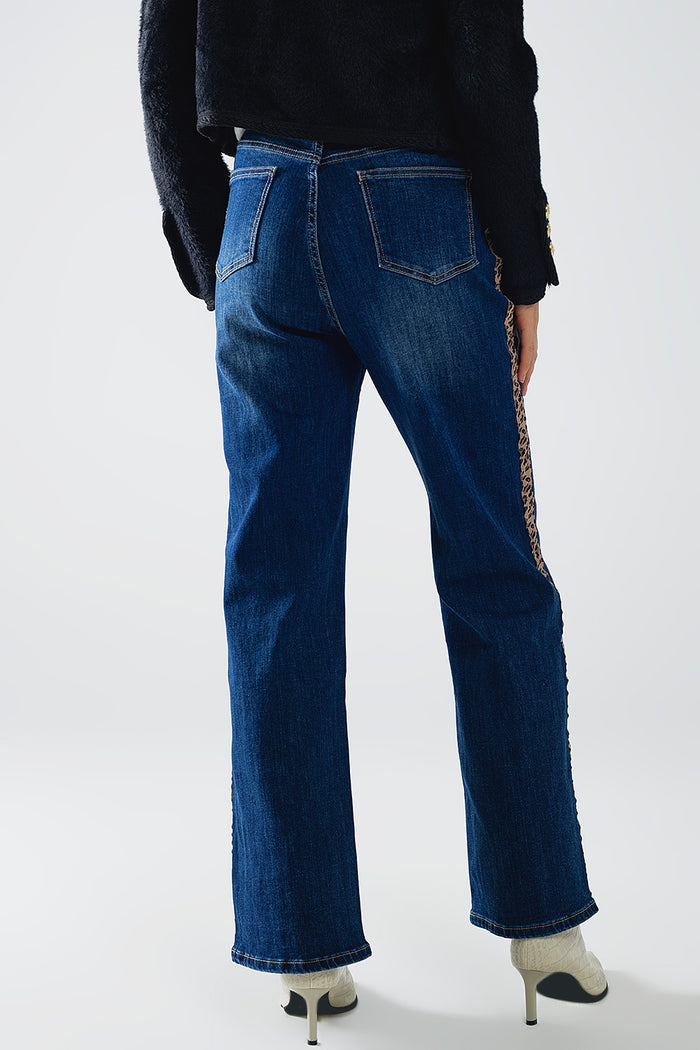 Wide Leg Jeans with leopard stripe on side - Denim
