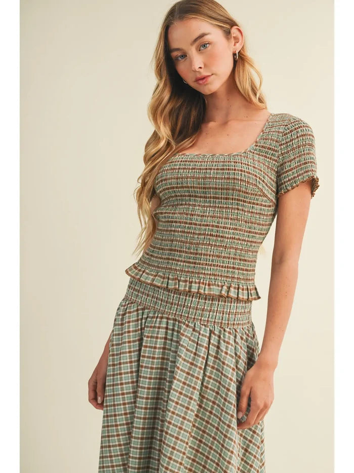 Wide Smocked Waistband Midi Skirt