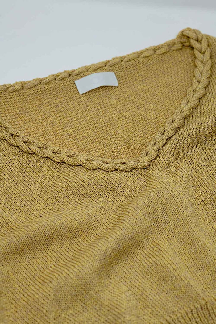 Wide V-neck Light Sweater With Braided Detail In Gold