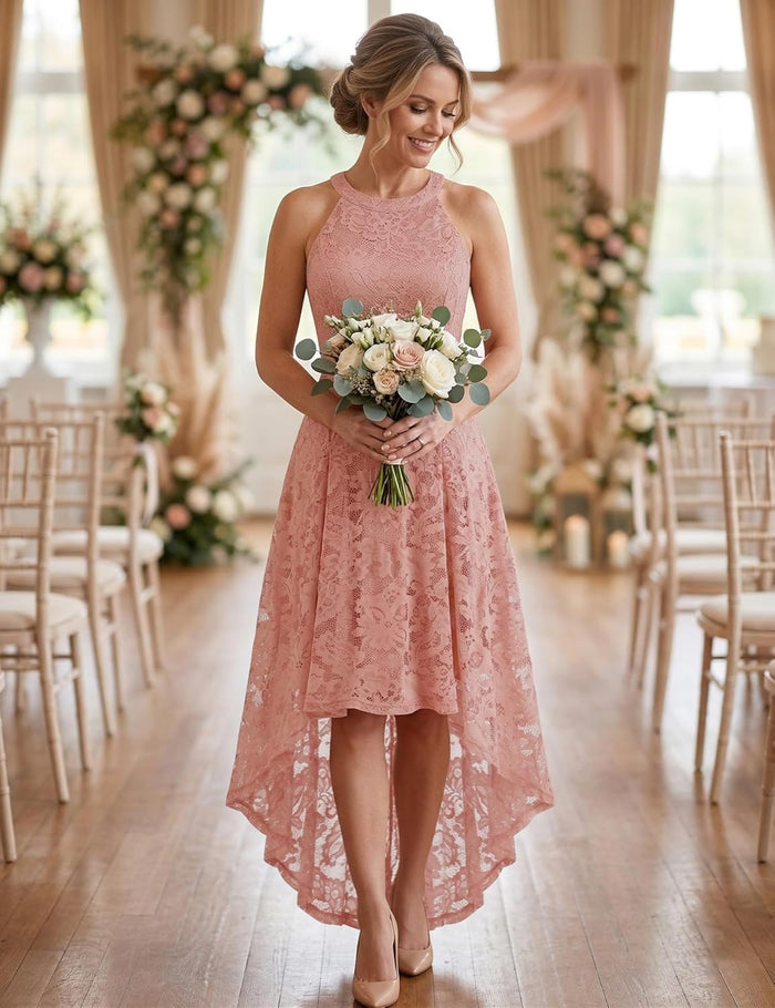 Women Halter Lace Hi Lo Wedding Guest Cocktail Formal Dress