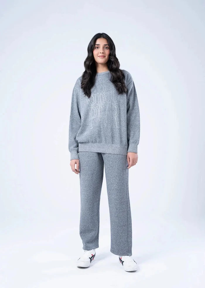 Women's heather grey terry sweatshirt, long sleeves and crew neck