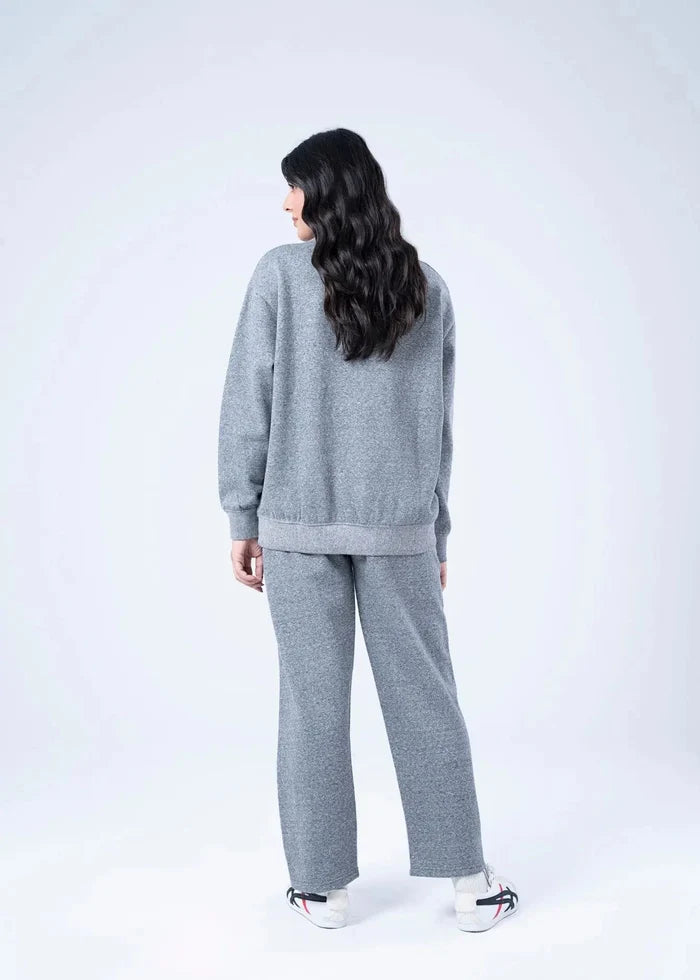 Women's heather grey terry sweatshirt, back view with crew neck and cuffs