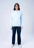Women's winter knitted terry sweatshirt, light blue, crew neck, long sleeves, ribbed hem